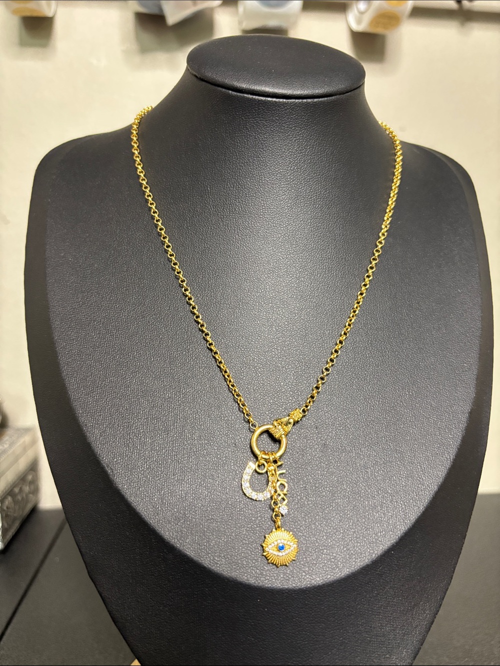 Evry Lucky Gold-Tone Pendant Necklace CZ Horseshoe & Evil Eye Charm Dainty